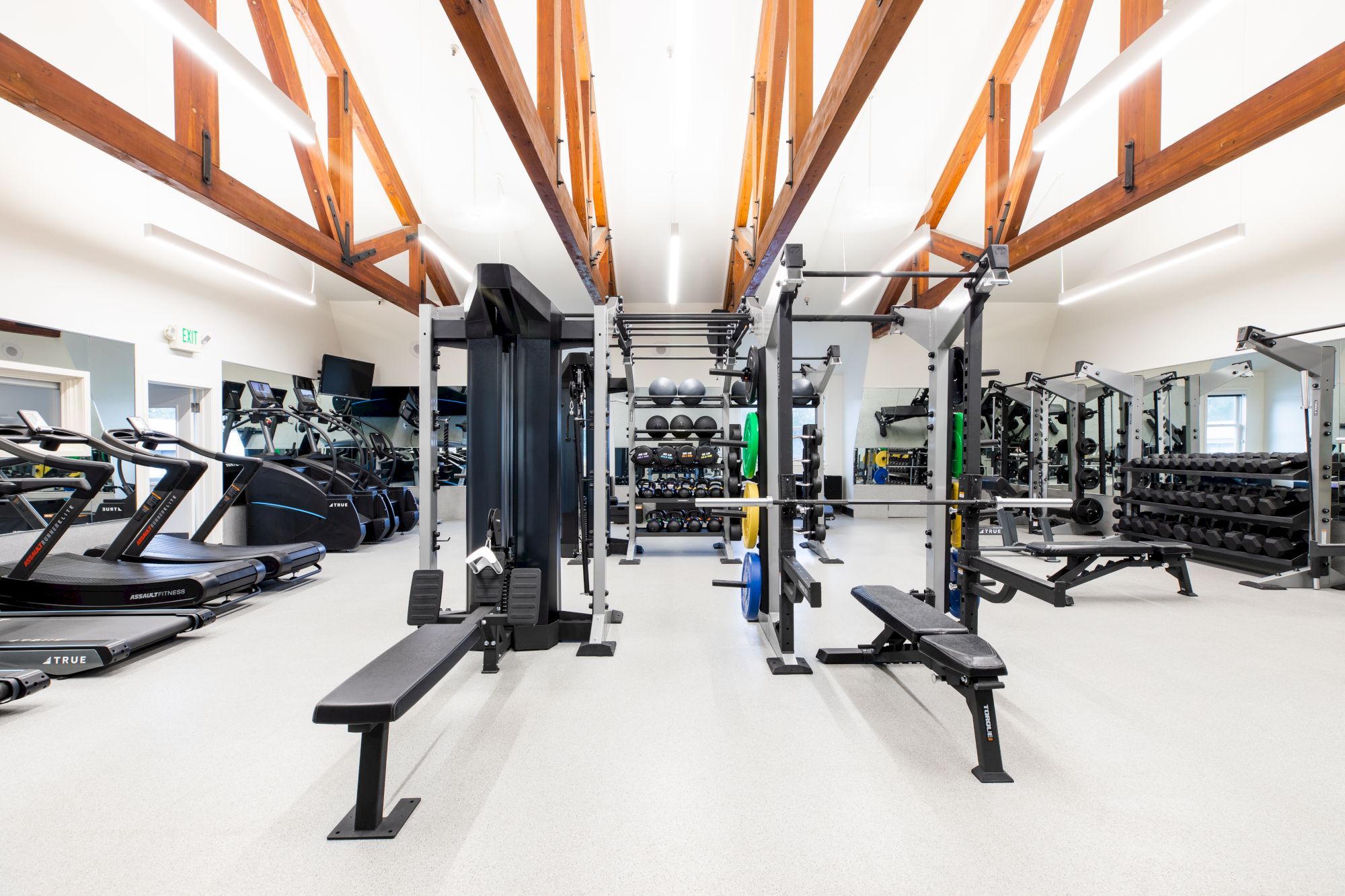 This image shows a modern gym with various workout equipment, including treadmills, weight machines, benches, and dumbbells, in a well-lit space.