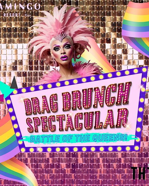 A colorful drag brunch event poster featuring a performer and rainbow accents.