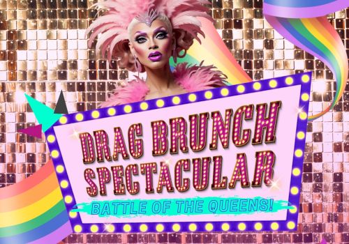A colorful drag brunch event poster featuring a performer and rainbow accents.