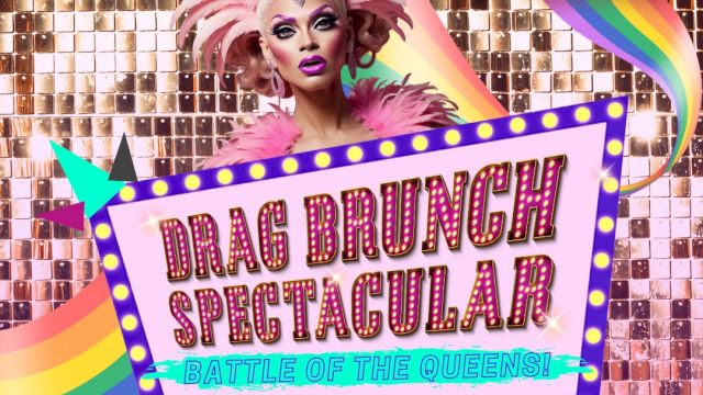 A colorful drag brunch event poster featuring a performer and rainbow accents.